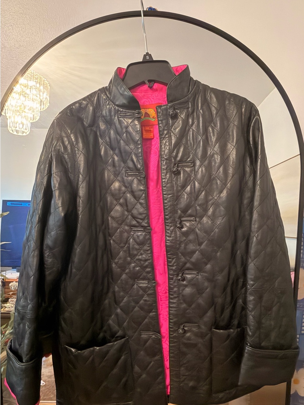 Rare Shanghai Tang Black Quilted Leather Jacket with Pink Lining